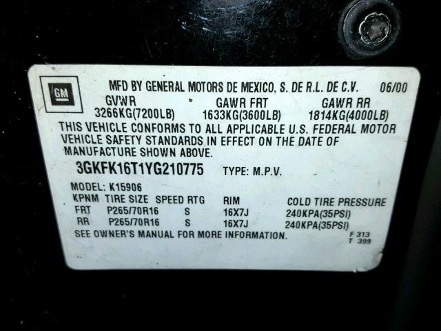 3GKFK16T1YG210775 - 2000 GMC YUKON XL K BLACK photo 10