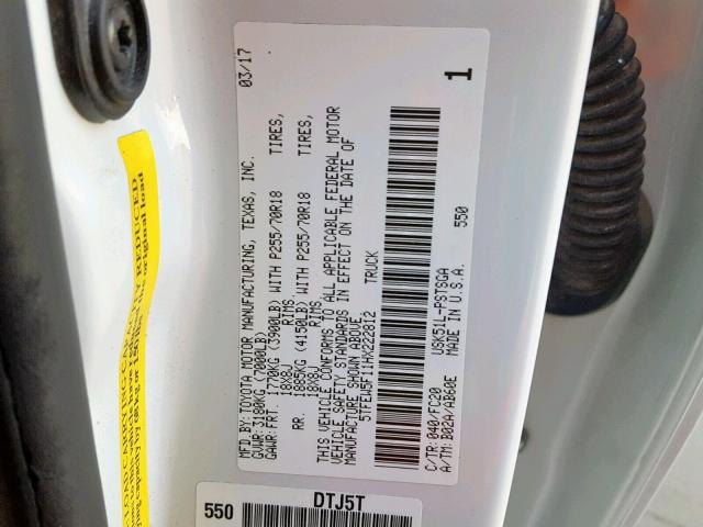 5TFEW5F11HX222812 - 2017 TOYOTA TUNDRA CRE WHITE photo 10