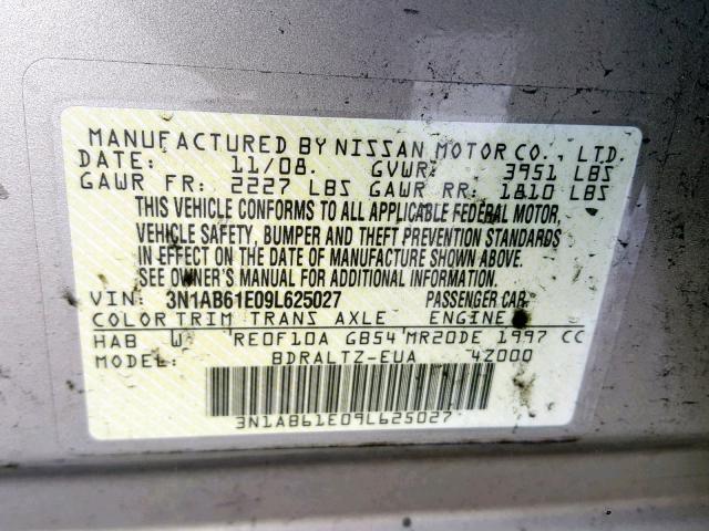 3N1AB61E09L625027 - 2009 NISSAN SENTRA 2.0 GOLD photo 10