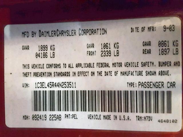 1C3EL45R44N253511 - 2004 CHRYSLER SEBRING LX RED photo 10