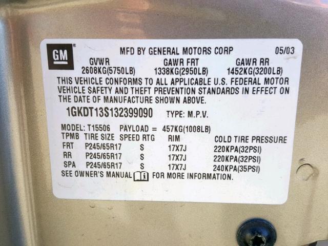 1GKDT13S132399090 - 2003 GMC ENVOY SILVER photo 10