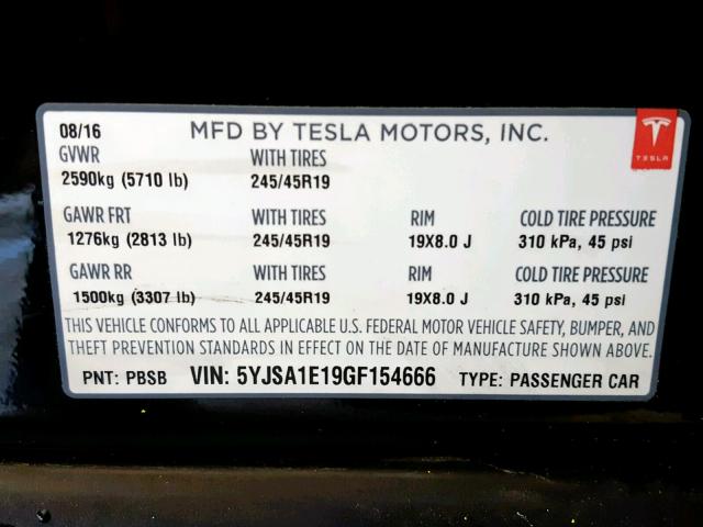 5YJSA1E19GF154666 - 2016 TESLA MODEL S BLACK photo 10