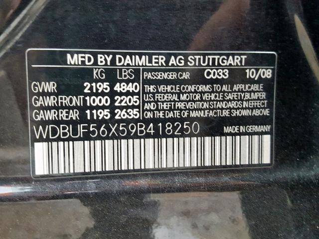 WDBUF56X59B418250 - 2009 MERCEDES-BENZ E 350 BLACK photo 10