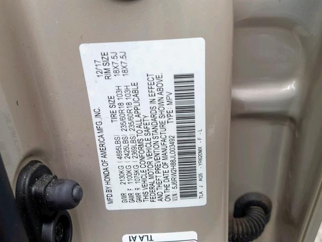 5J6RW2H88JL003492 - 2018 HONDA CR-V EXL BEIGE photo 10