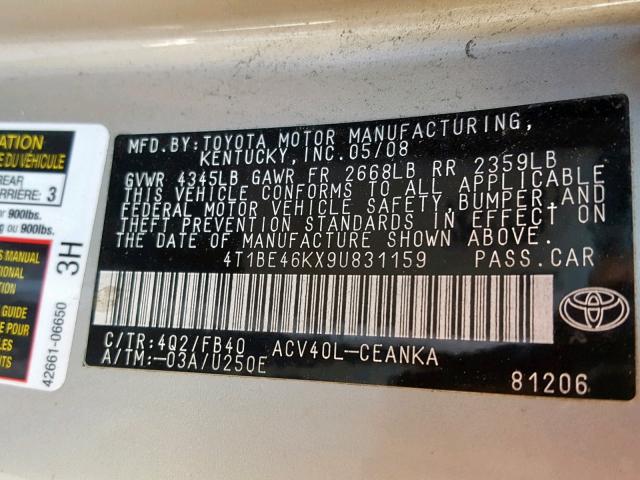 4T1BE46KX9U831159 - 2009 TOYOTA CAMRY BASE ოქროსფერი ფოტო 10