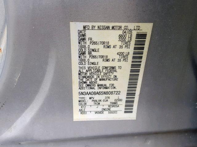 5N3AA08A65N808722 - 2005 INFINITI QX56 SILVER photo 10