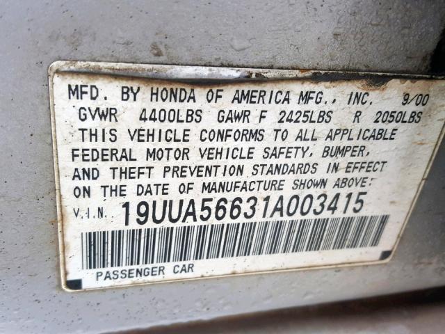 19UUA56631A003415 - 2001 ACURA 3.2TL SILVER photo 10