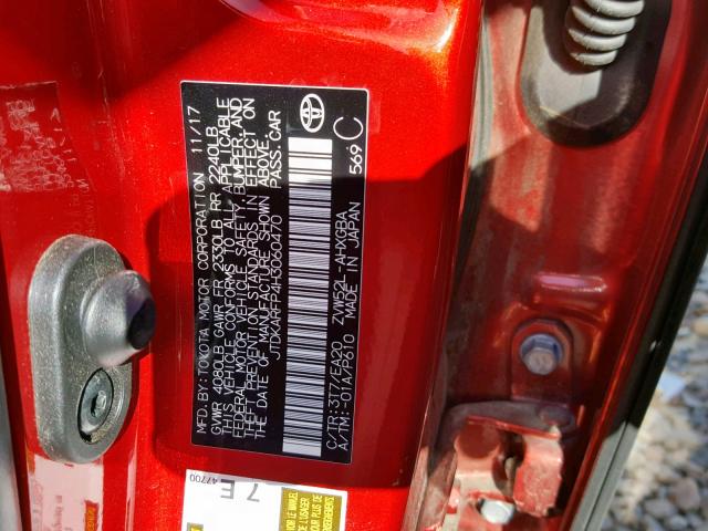 JTDKARFP4H3060470 - 2017 TOYOTA PRIUS PRIM წითელი ფოტო 10