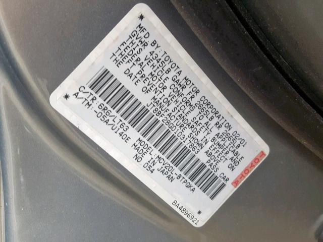 JT8BF28G010317863 - 2001 LEXUS ES 300 GRAY photo 10