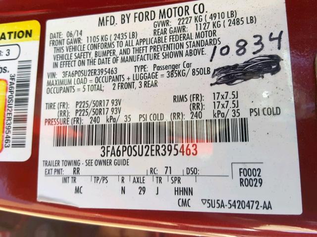 3FA6P0SU2ER395463 - 2014 FORD FUSION TIT RED photo 10