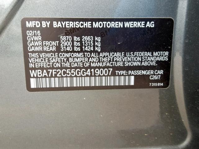 WBA7F2C55GG419007 - 2016 BMW 750 XI GRAY photo 10