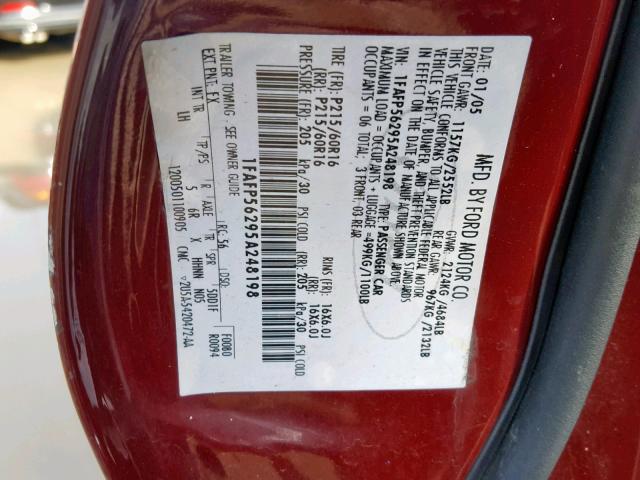 1FAFP56295A248198 - 2005 FORD TAURUS SEL BURGUNDY photo 10