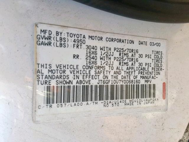 JT6GF10U7Y0068160 - 2000 LEXUS RX 300 CREAM photo 10