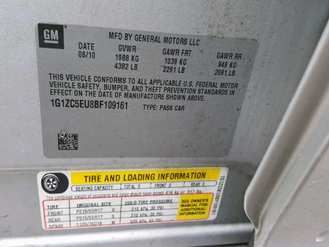 1G1ZC5EU8BF109161 - 2011 CHEVROLET MALIBU 1LT 银色 照片 10