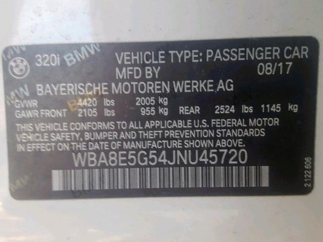 WBA8E5G54JNU45720 - 2018 BMW 320 XI WHITE photo 10