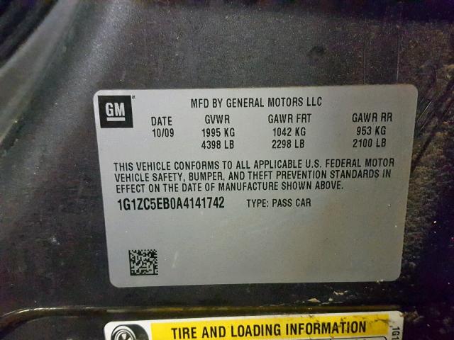 1G1ZC5EB0A4141742 - 2010 CHEVROLET MALIBU 1LT ნაცრისფერი ფოტო 10