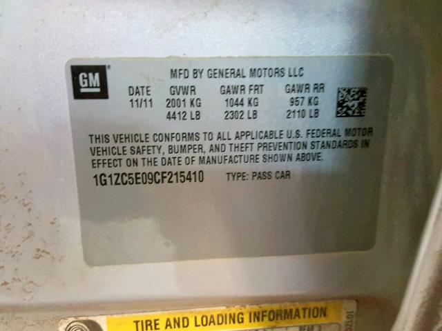 1G1ZC5E09CF215410 - 2012 CHEVROLET MALIBU 1LT ვერცხლისფერი ფოტო 10