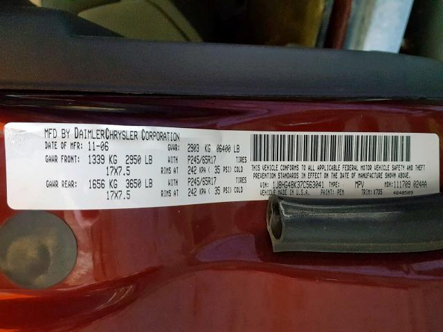 1J8HG48K37C563041 - 2007 JEEP COMMANDER RED photo 10