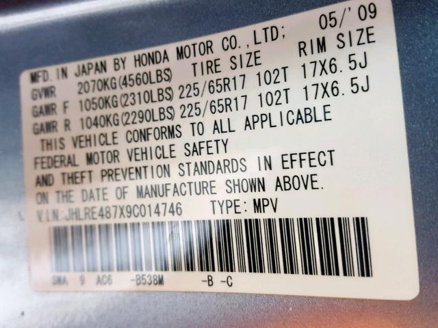 JHLRE487X9C014746 - 2009 HONDA CR-V EXL BLUE photo 10