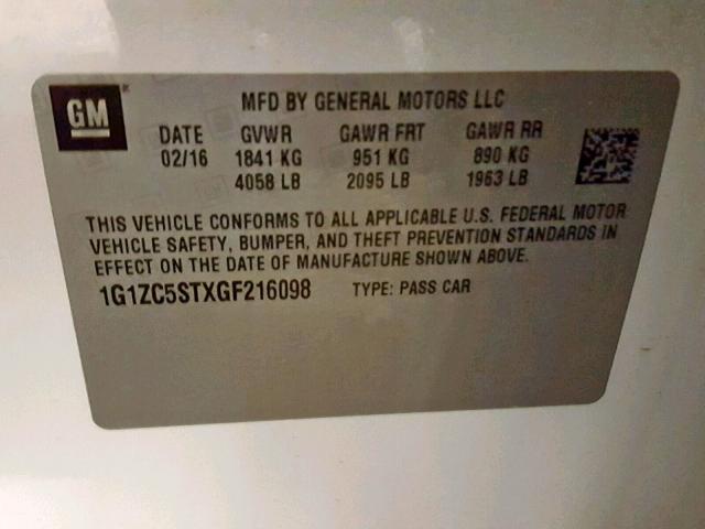 1G1ZC5STXGF216098 - 2016 CHEVROLET MALIBU LS WHITE photo 10