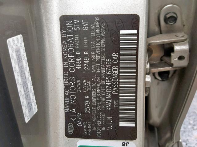 KNALN4D74E5167496 - 2014 KIA CADENZA PR SILVER photo 10