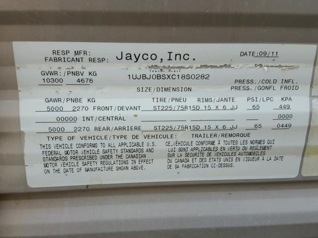 1UJBJ0BSXC18S0282 - 2012 JAYCO JAY FLIGHT  WHITE photo 10