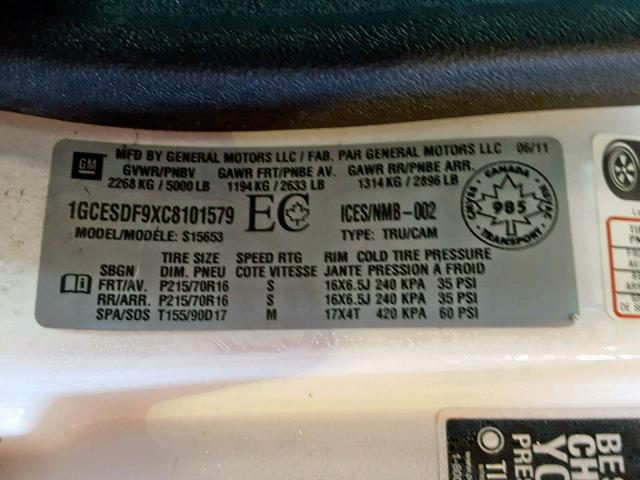 1GCESDF9XC8101579 - 2012 CHEVROLET COLORADO L WHITE photo 10