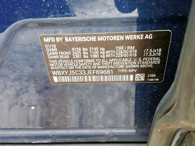 WBXYJ5C33JEF69681 - 2018 BMW X2 XDRIVE2 BLUE photo 10