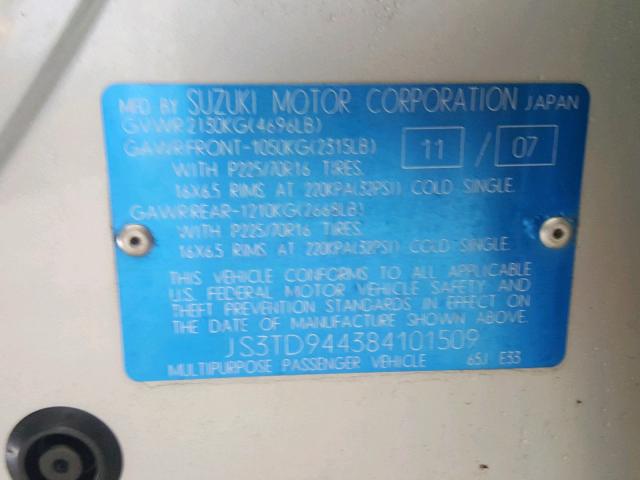 JS3TD944384101509 - 2008 SUZUKI GRAND VITA GRAY photo 10