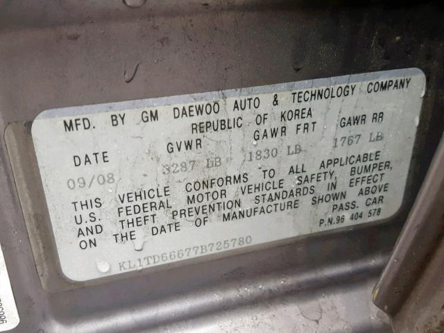 KL1TD66677B725780 - 2007 CHEVROLET AVEO BASE ნაცრისფერი ფოტო 10