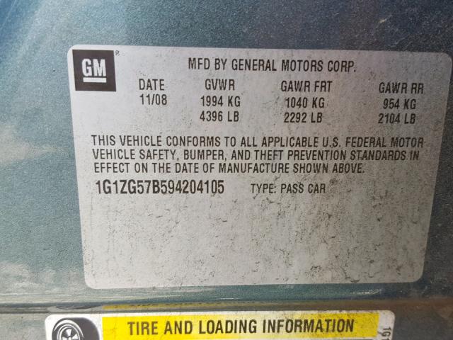 1G1ZG57B594204105 - 2009 CHEVROLET MALIBU LS TURQUOISE photo 10