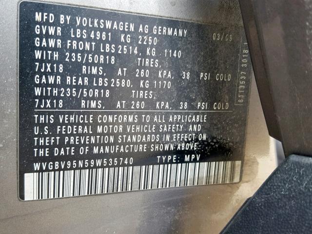 WVGBV95N59W535740 - 2009 VOLKSWAGEN TIGUAN SE GRAY photo 10