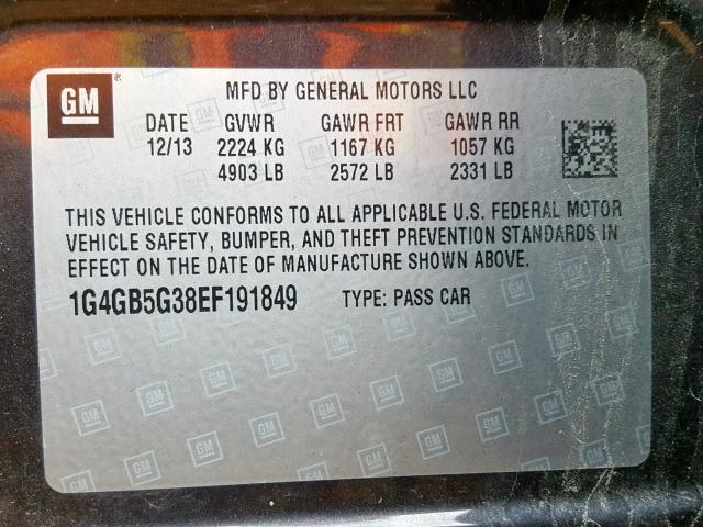 1G4GB5G38EF191849 - 2014 BUICK LACROSSE GRAY photo 10