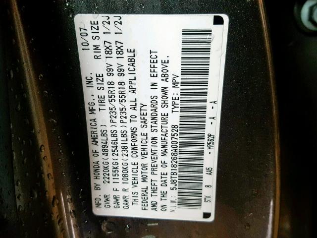 5J8TB18268A007528 - 2008 ACURA RDX GRAY photo 10