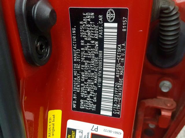 4T1BF1FK1DU653968 - 2013 TOYOTA CAMRY L RED photo 10