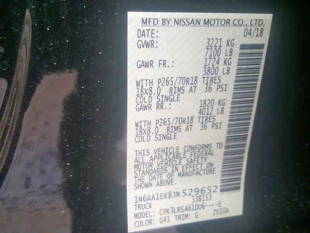 1N6AA1EK8JN529652 - 2018 NISSAN TITAN S BLACK photo 10