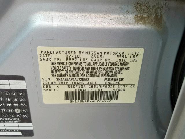 3N1AB6AP4AL726562 - 2010 NISSAN SENTRA 2.0 SILVER photo 10