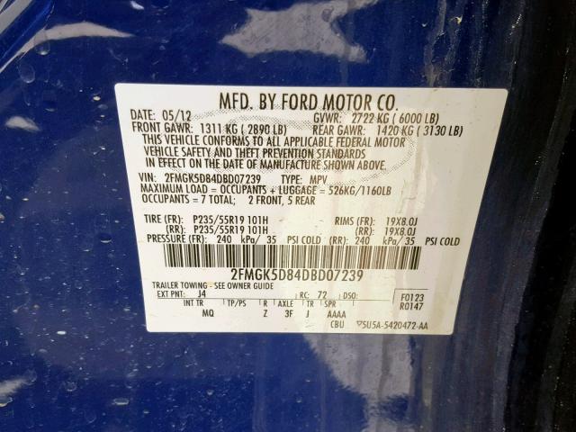 2FMGK5D84DBD07239 - 2013 FORD FLEX LIMIT BLUE photo 10