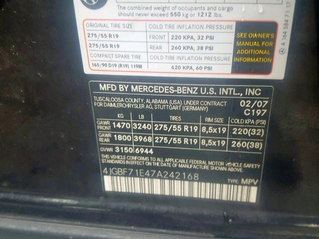 4JGBF71E47A242168 - 2007 MERCEDES-BENZ GL 450 4MA BLACK photo 10