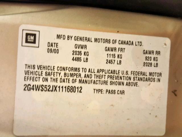 2G4WS52JX11168012 - 2001 BUICK CENTURY CU BEIGE photo 10