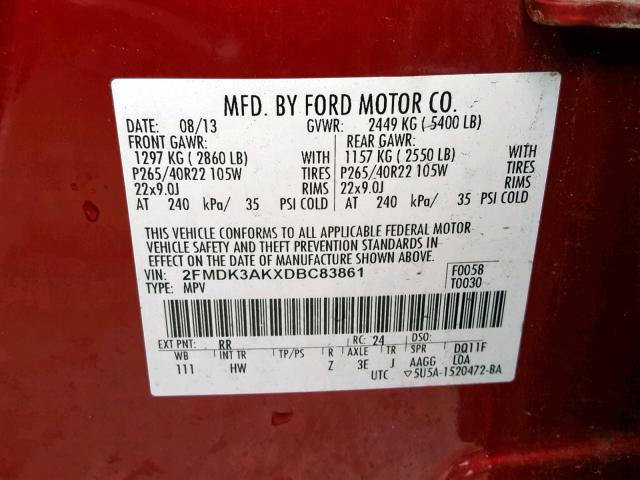 2FMDK3AKXDBC83861 - 2013 FORD EDGE SPORT BURGUNDY photo 10