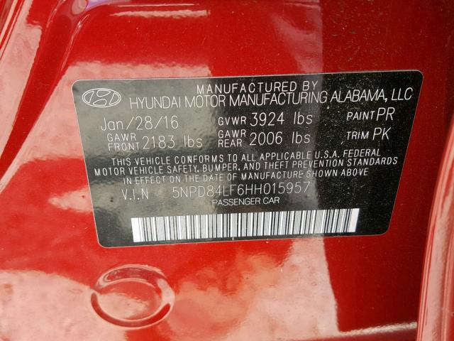 5NPD84LF6HH015957 - 2017 HYUNDAI ELANTRA RED photo 10