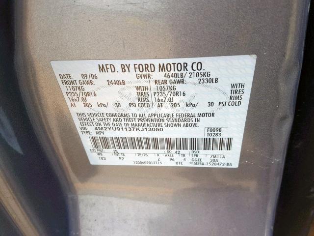 4M2YU91137KJ13050 - 2007 MERCURY MARINER LU GRAY photo 10