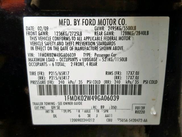 1FMDK02W49GA06039 - 2009 FORD TAURUS X S BLACK photo 10