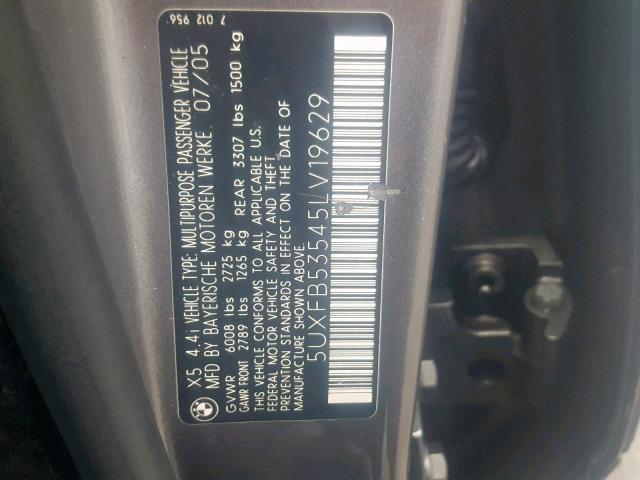 5UXFB53545LV19629 - 2005 BMW X5 4.4I GRAY photo 10