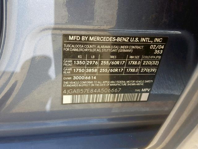 4JGAB57E84A506667 - 2004 MERCEDES-BENZ ML 350 BLUE photo 10