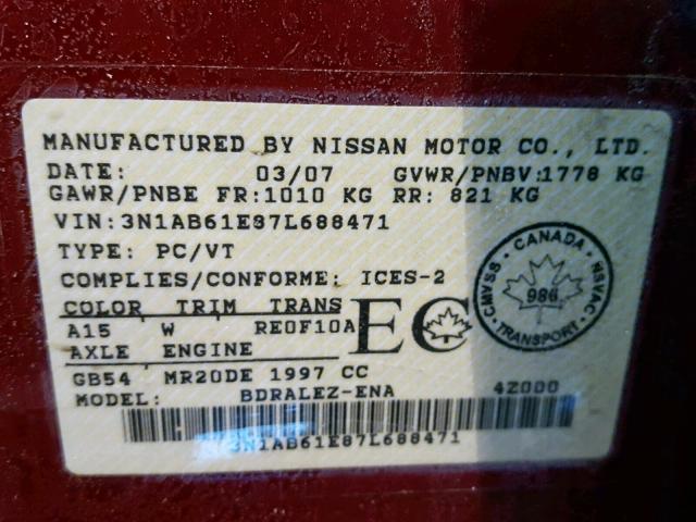 3N1AB61E87L688471 - 2007 NISSAN SENTRA 2.0 RED photo 10