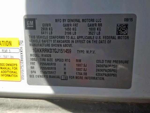 1GKKRRKD7GJ151459 - 2016 GMC ACADIA SLT 白色 照片 10