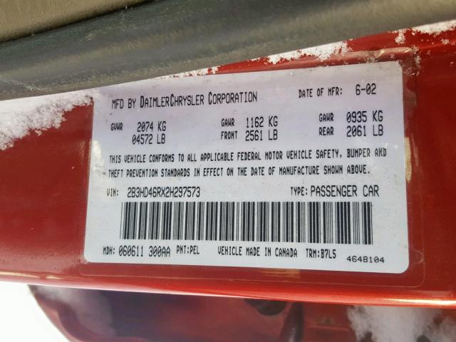 2B3HD46RX2H297573 - 2002 DODGE INTREPID S 红色 照片 10