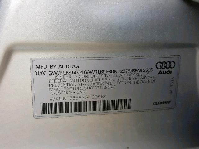 WAUKF78E97A180984 - 2007 AUDI A4 2.0T AV SILVER photo 10